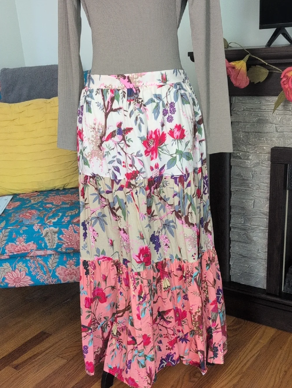 dylan Floral Tiered Maxi Skirt in White, Pink & Cream